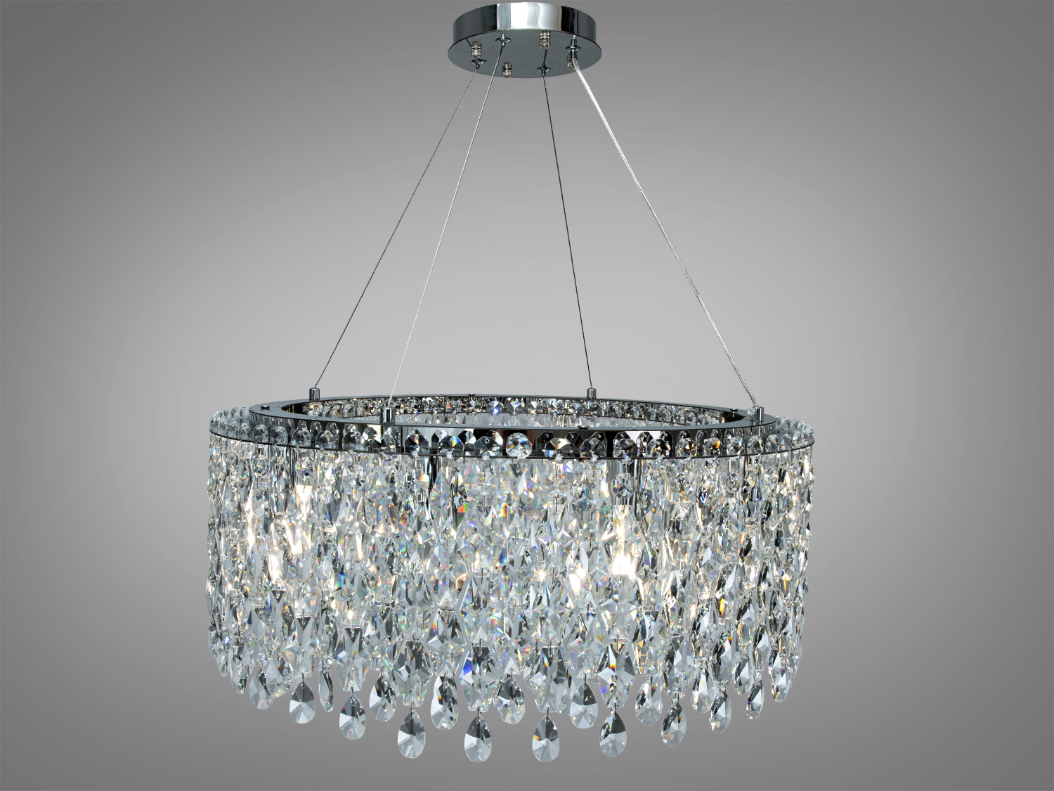 Підвісна кришталева люстра круглої форми, хром, 10xE14. Регульований підвіс, керування від настінного вимикача. Освітлення до 20 м², два рівні кришталевих підвісок.