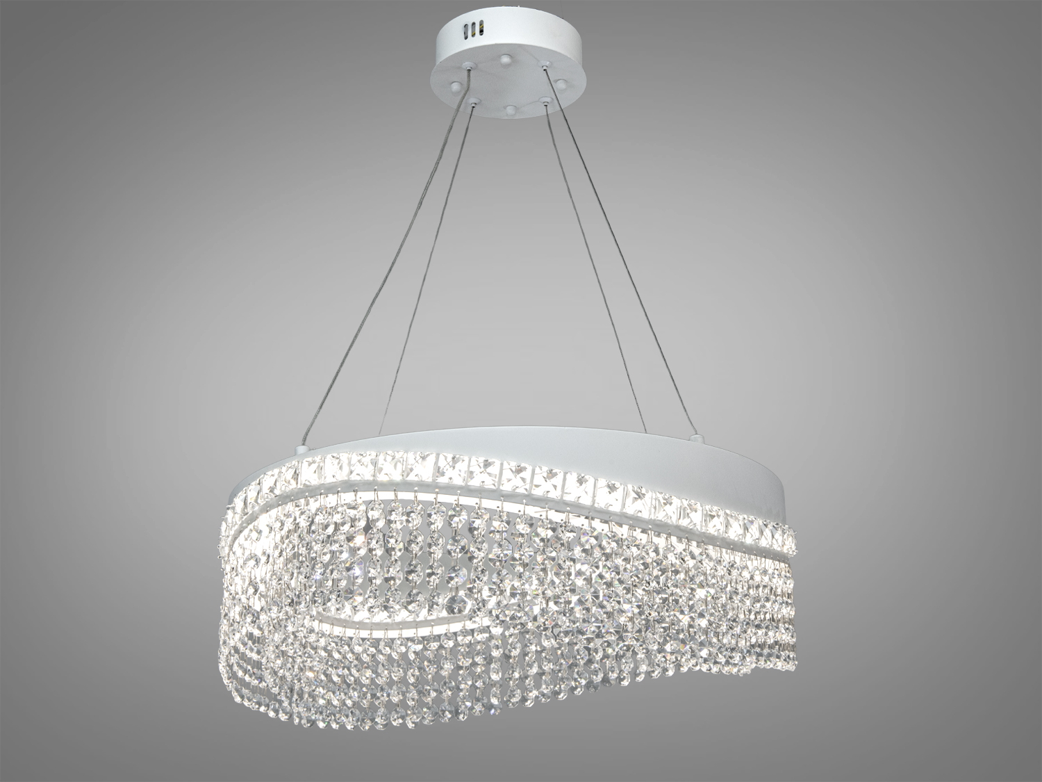 Кришталева LED-люстра Diasha 376-400CH, хром, 70 Вт, двохрівневі підвіски. Підходить для віталень і залів з акцентом на центральне освітлення.