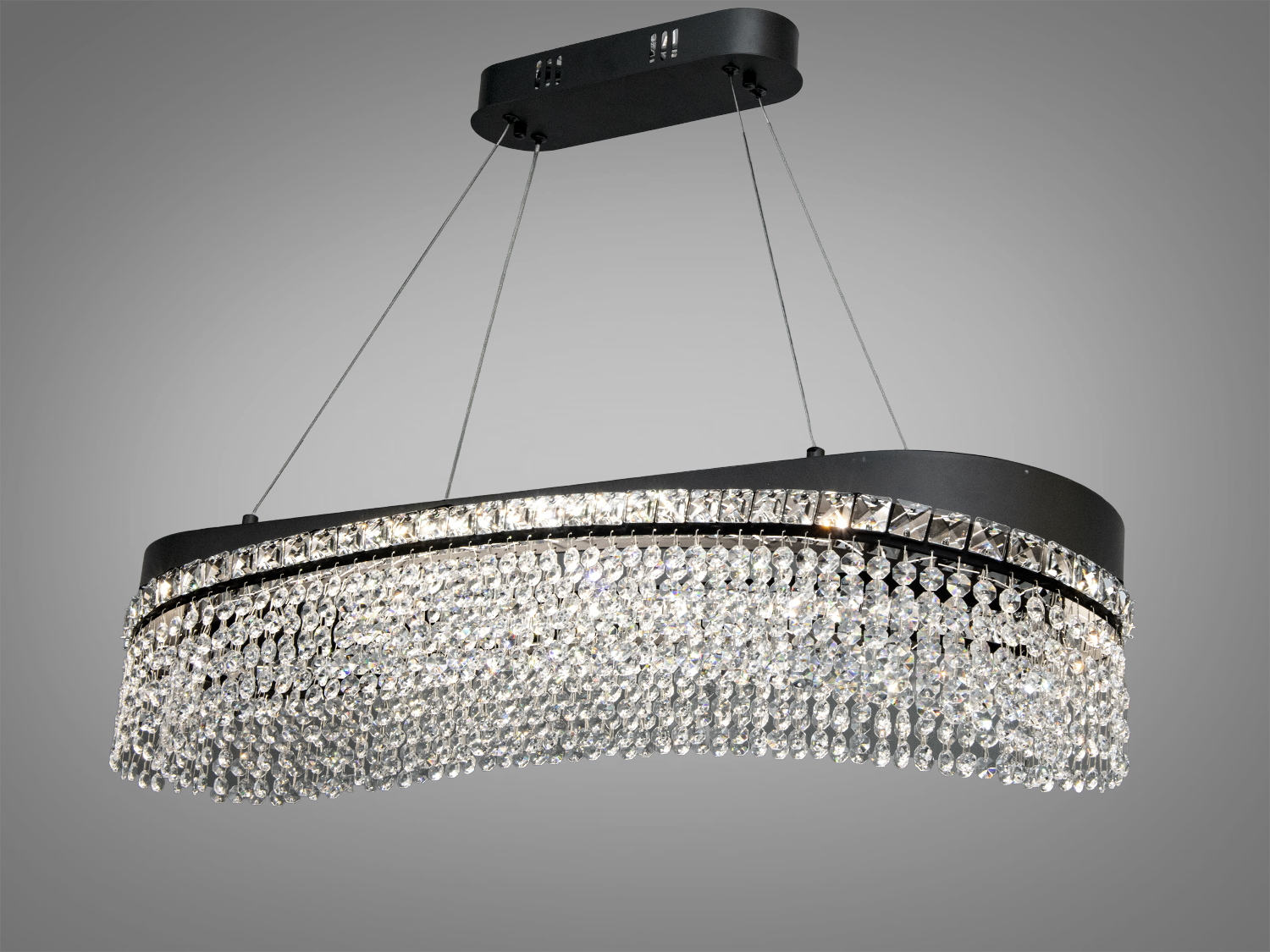 Підвісна кришталева люстра Diasha 376 хром овальна LED 250 Вт. Каскад кришталю, два підвісні шнури, для вітальні та їдальні у сучасному інтер’єрі.