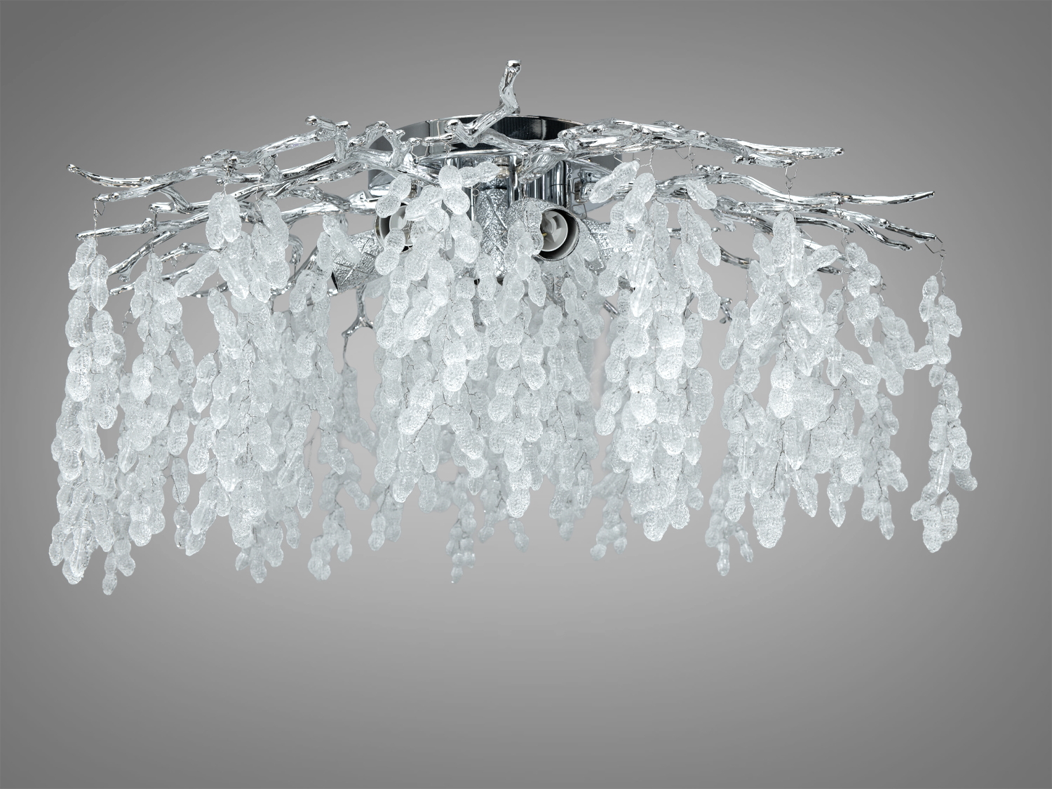 Люстра з хромованими гілками та прозорими кришталевими підвісками, що створюють ефект водоспаду. Ідеально підходить для вітальні.