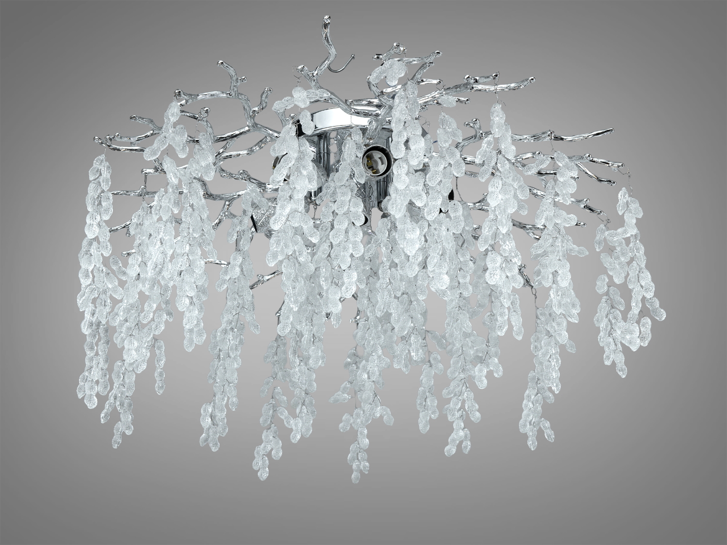 Стельова кришталева люстра Гліцинія, хром, Ø60 см, 7xE14. Для кімнат до 15 м². Каркас алюміній, кріплення — монтажна планка, керування — настінний вимикач.