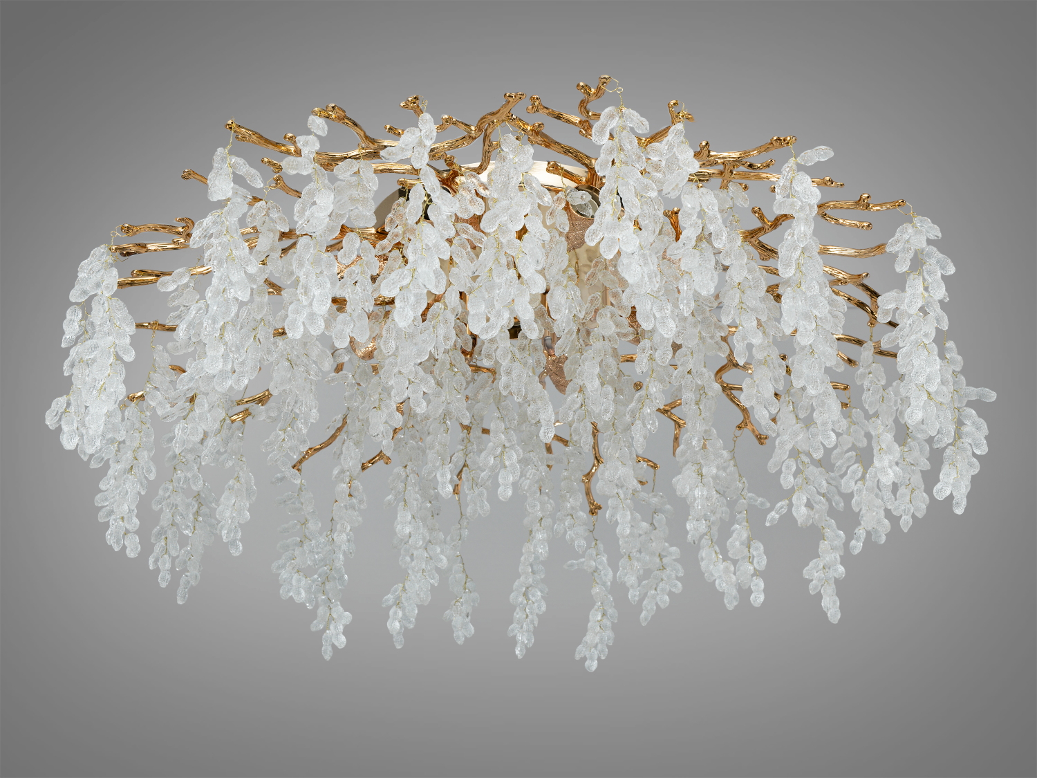 Кришталева стельова люстра Гліцинія: золото, Ø78 см, 9xE14. Каскад кришталю, монтаж на планку, керування вимикачем. Для освітлення до 20 м².