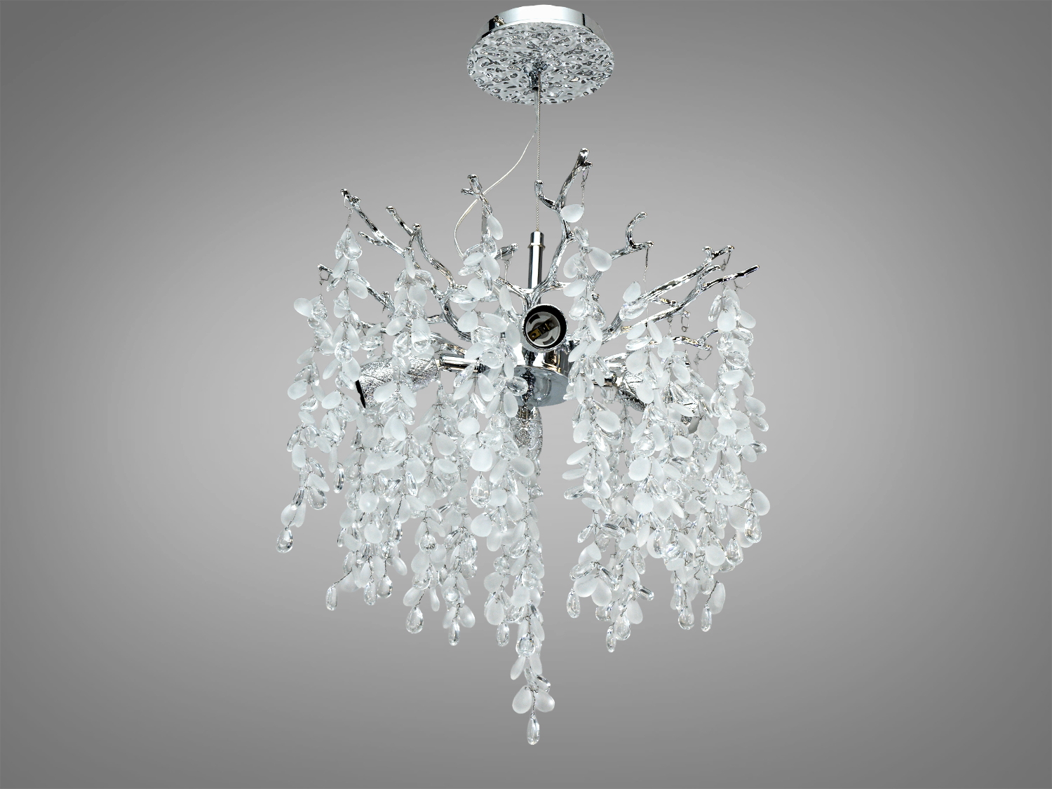 Підвісна кришталева люстра Гліцинія, хром, 4xE14. Регульована висота, монтаж на планку, освітлення до 8 м². Алюмінієвий каркас, кришталеві підвіски. Керування — настінний вимикач.