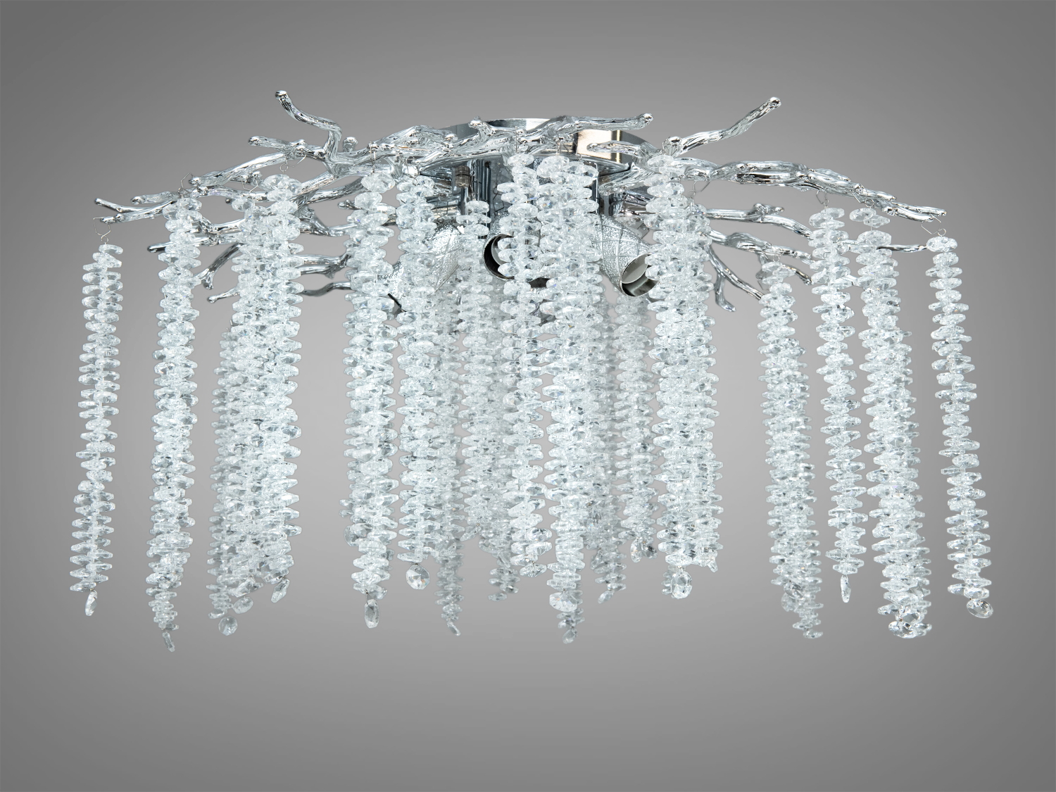 Стельова кришталева люстра «Гліцинія» у хромі: 7xE14, D62 см, H34 см. Монтаж на планку, керування настінним вимикачем. Каскад підвісок створює ефект водоспаду. До 15 м².