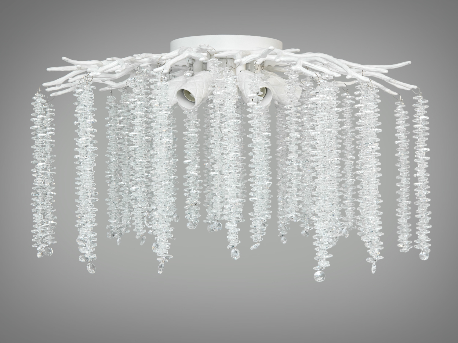 Стельова кришталева люстра Гліцинія, біла, 7xE14. D62×H34 см, монтажна планка, керування від вимикача. Підходить для кімнат до 15 м². Кришталеві підвіски.