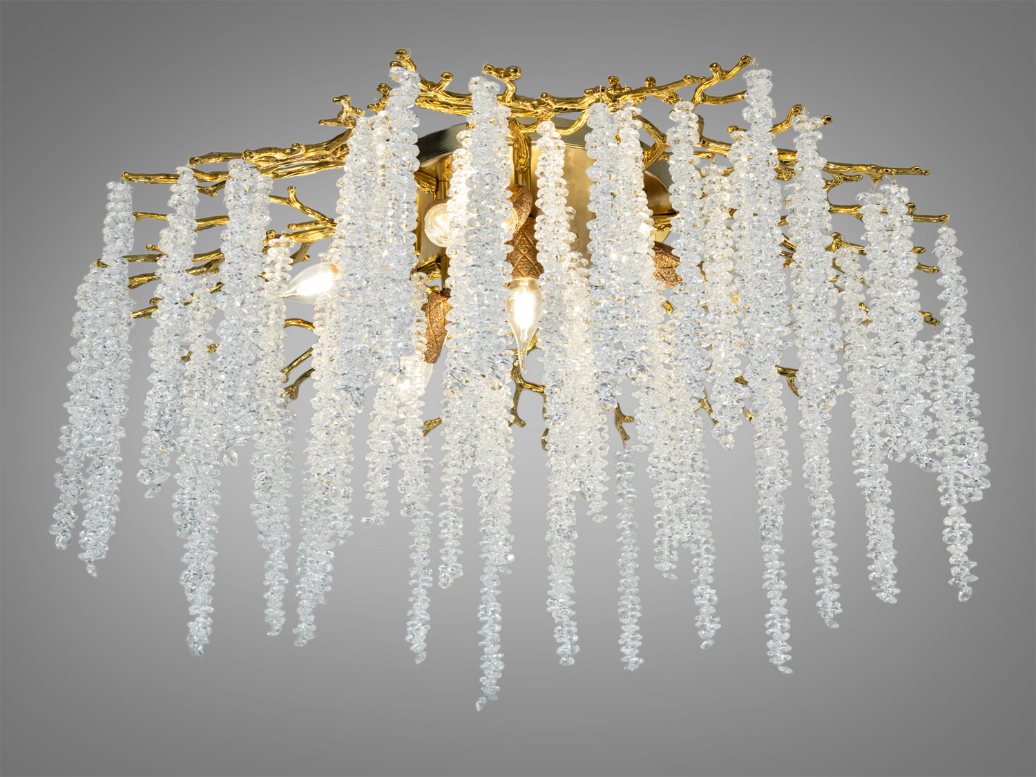 Стельова кришталева люстра «Гліцинія» у кольорі лимонне золото: 9xE14, орієнтовно до 18 м², діаметр 80 см, висота 40 см. Алюмінієвий каркас, монтаж на планку, керування настінним вимикачем.