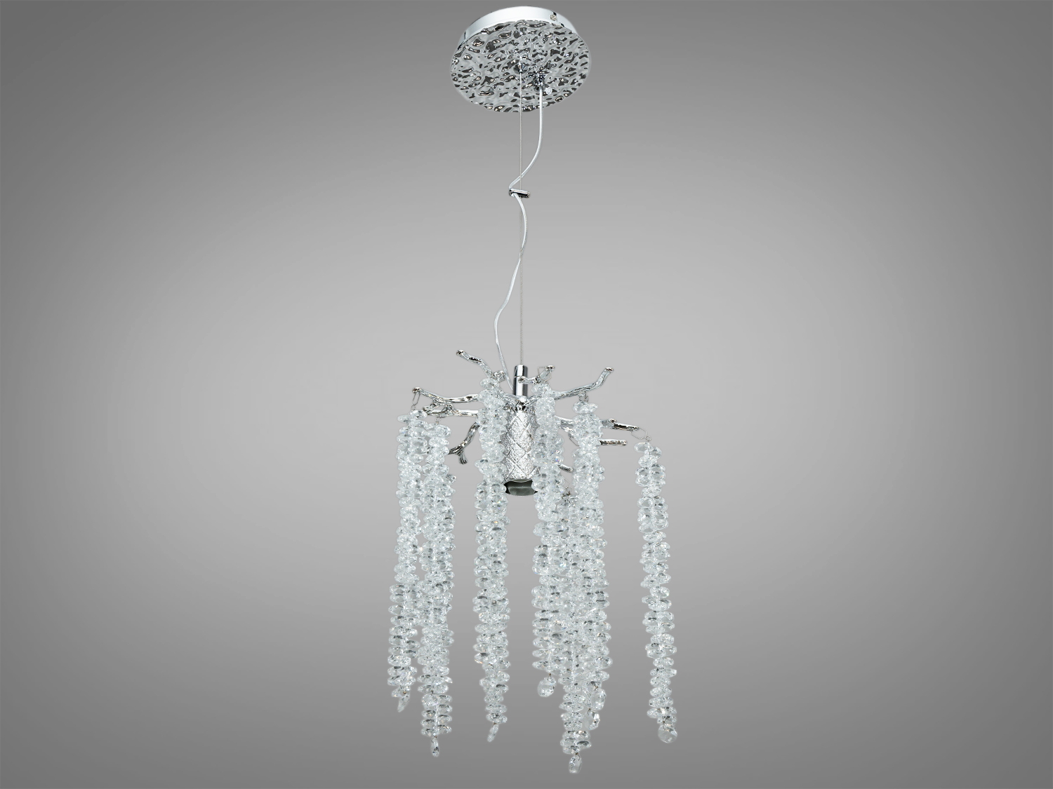 Люстра з кришталевими підвісками та круглою монтажною пластиною, ідеальна для високих стель. Колір хром підкреслює елегантність.