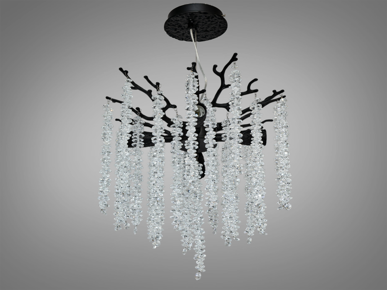 Люстра з кришталевими підвісками на чорній основі з візерунком, що імітує гілки Гліцинії, і круглим монтажним диском, підходить для сучасного декору.