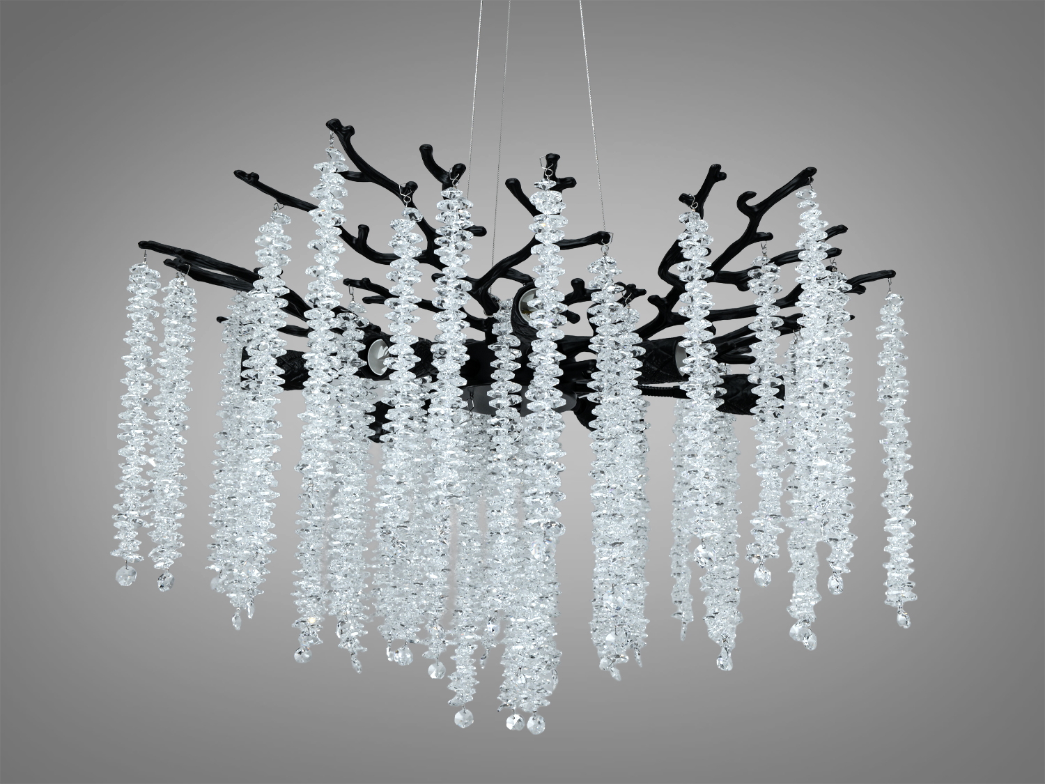 Кришталеві підвіски на чорній основі створюють ефект каскаду, підходять для просторого холу.