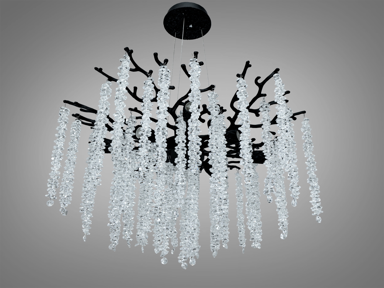 Підвісна кришталева люстра Гліцинія, чорна, Ø58 см, 8xE14. Регульована висота, монтажна планка, настінний вимикач. Для приміщень до 16 м².