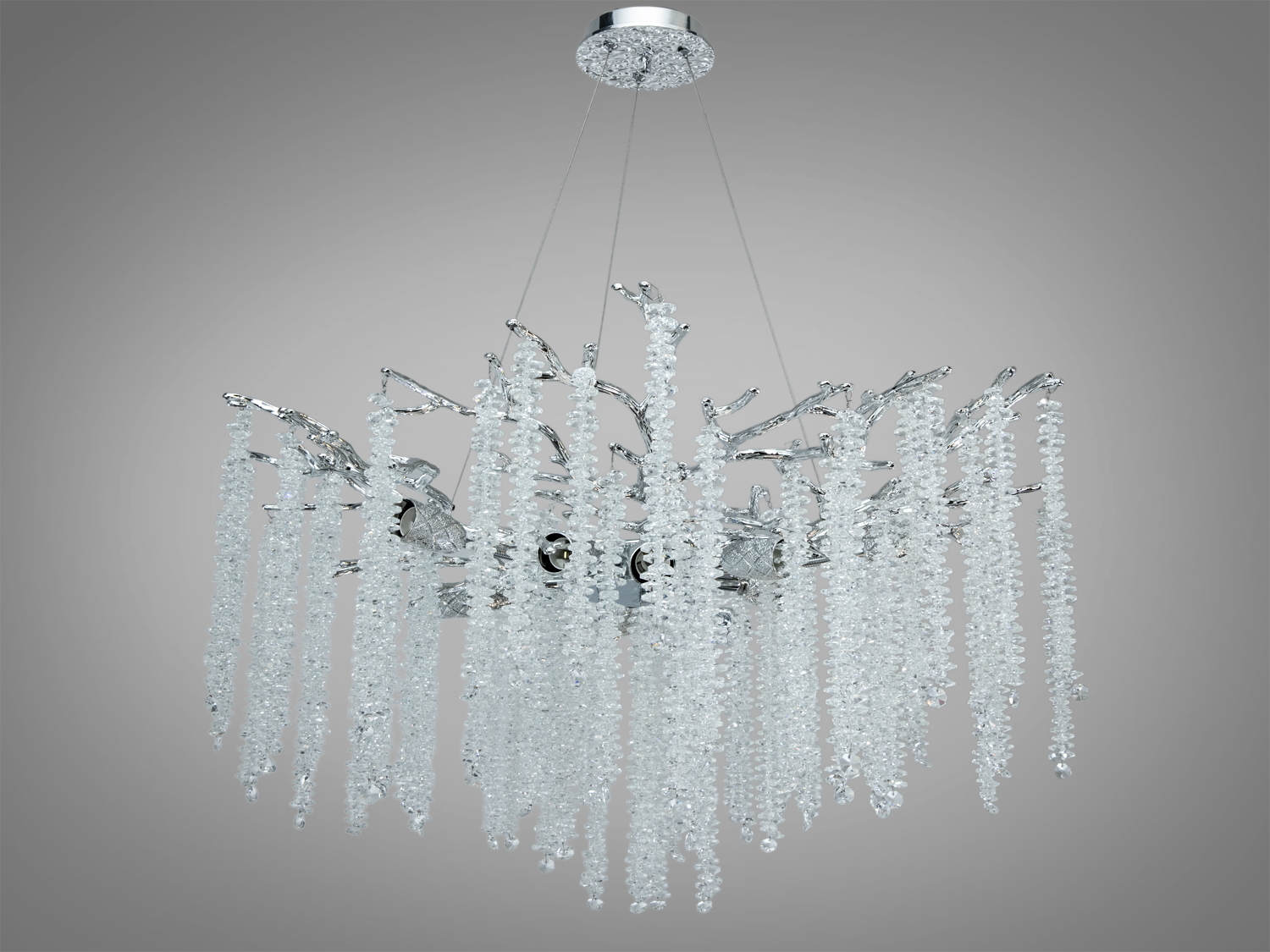 Підвісна кришталева люстра Гліцинія, хром, 10xE14. Регульована висота, монтажна планка, каркас з алюмінію. Рекомендована площа до ~20 м², керування вимикачем.