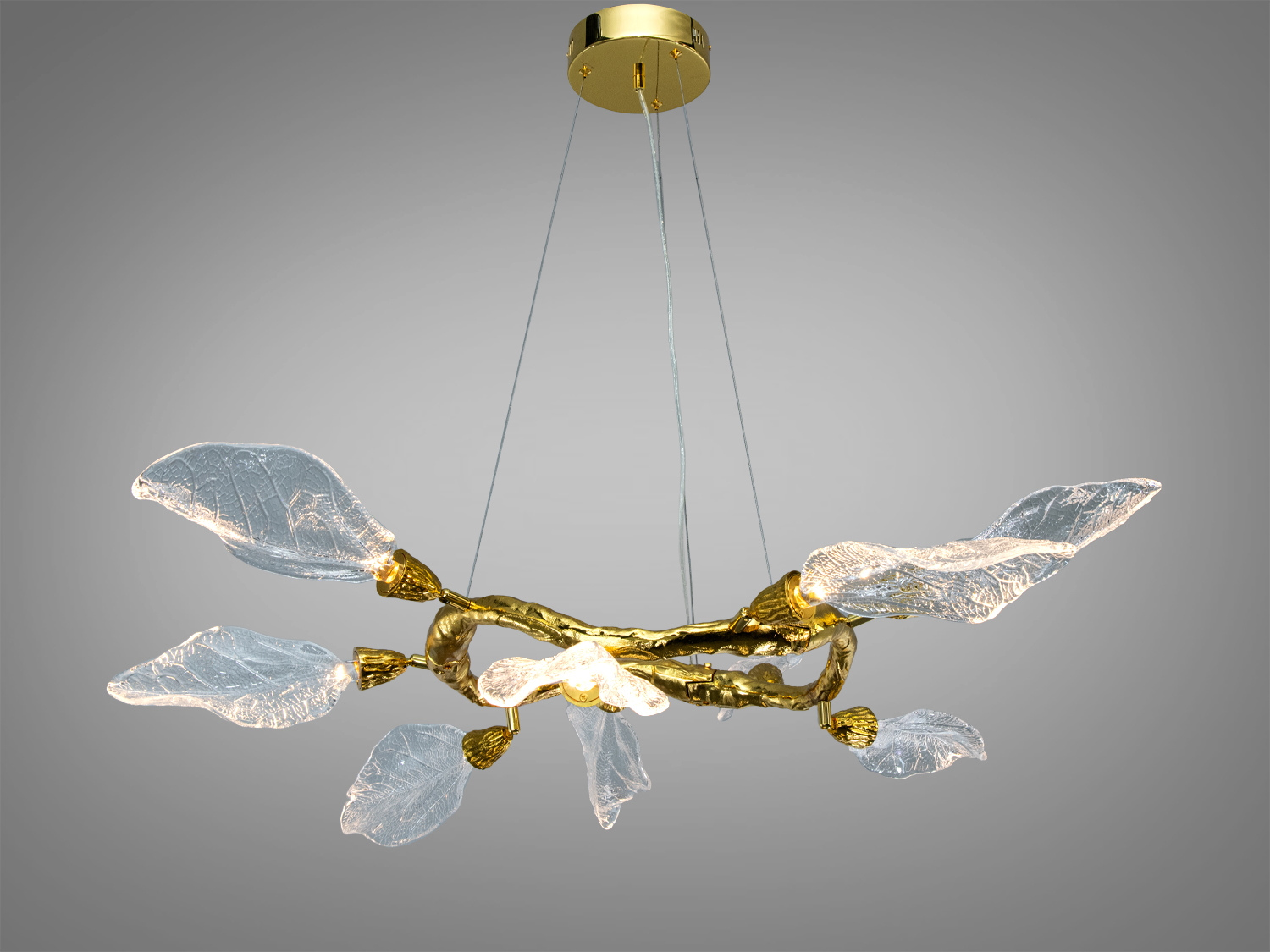 Підвісна люстра з прозорими  плафонами у формі листя, закріпленими на золотистій основі. Ідеально підходить для сучасного інтер′єру.
