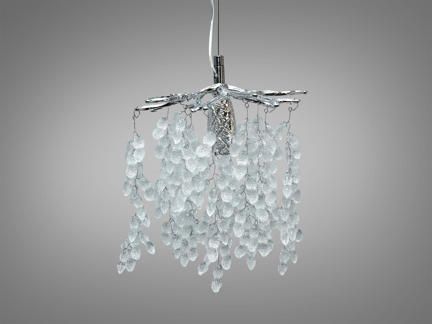 Підвісний світильник з кришталевими підвісками, що нагадують гілки Гліцинії. Металевий каркас у вигляді гілок.