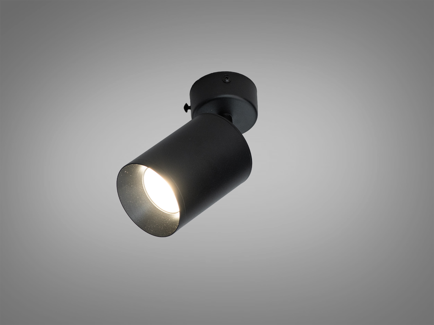 Чорний циліндричний світильник з матовим покриттям, призначений для стельового монтажу, випромінює м′яке біле світло.