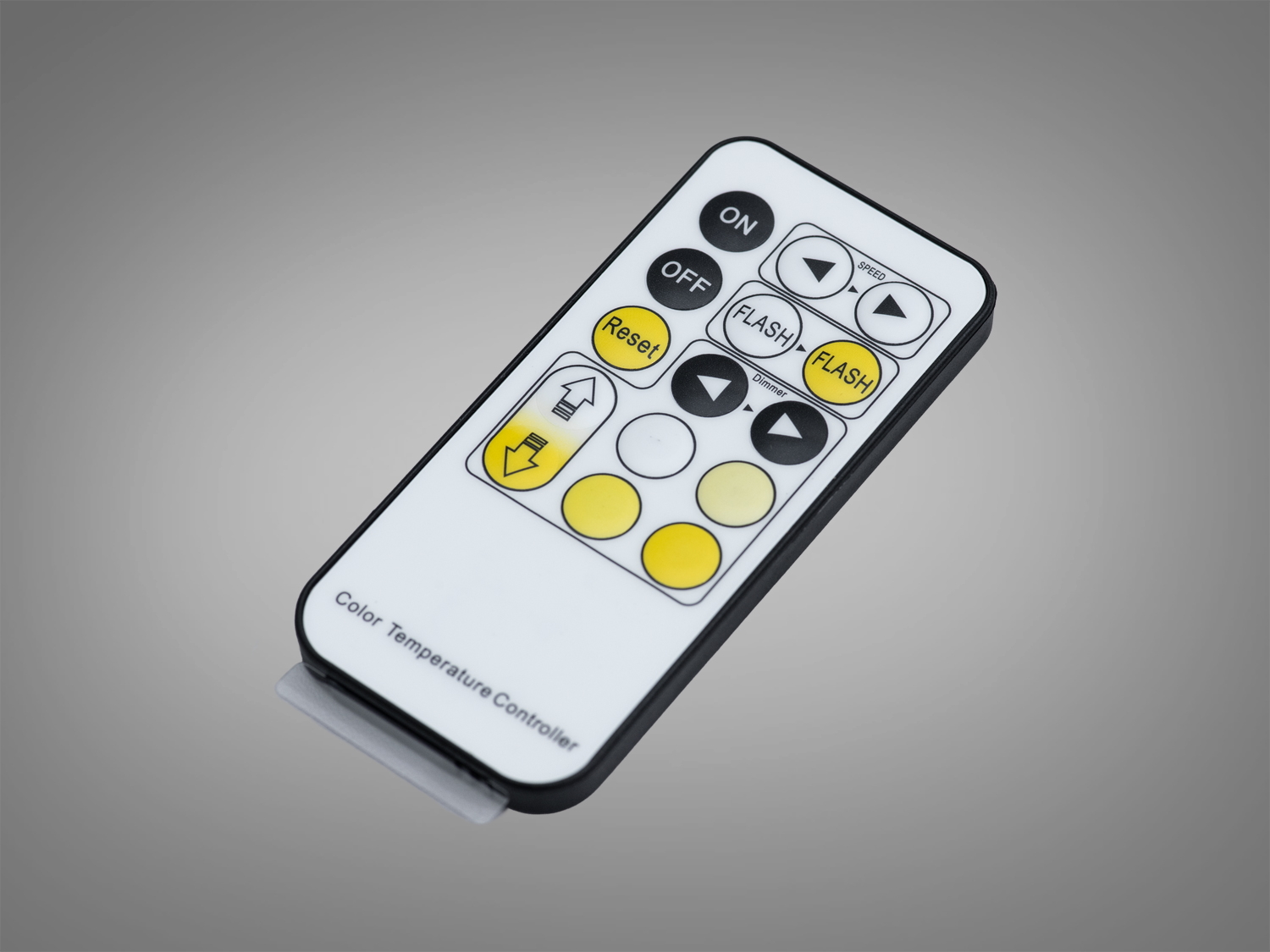 Компактний пульт для регулювання кольорової температури LED-світильників, має кнопки для зміни режимів та інтенсивності світла.