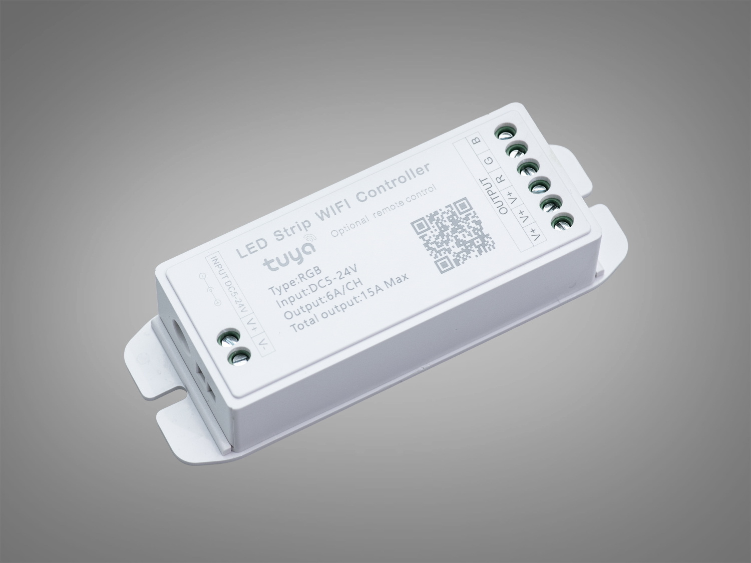 Білий WiFi контролер для LED стрічки, призначений для RGB підсвітки. Має компактний дизайн та живлення 5-24V.