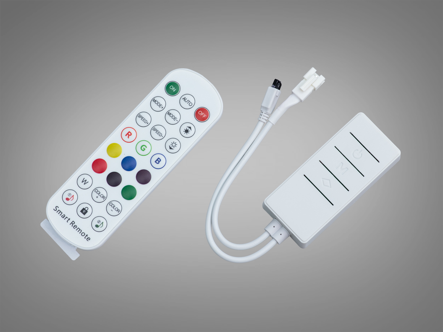 Пульт дистанційного керування з кольоровими кнопками для налаштування режимів освітлення, підходить для RGB-світлодіодних систем у домашньому інтер′єрі.