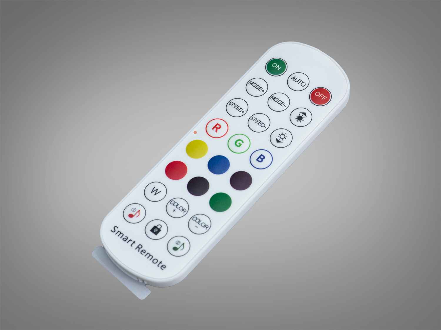 Компактний пульт для RGB-освітлення з різнокольоровими кнопками, що дозволяє змінювати яскравість та кольори світла у приміщенні.