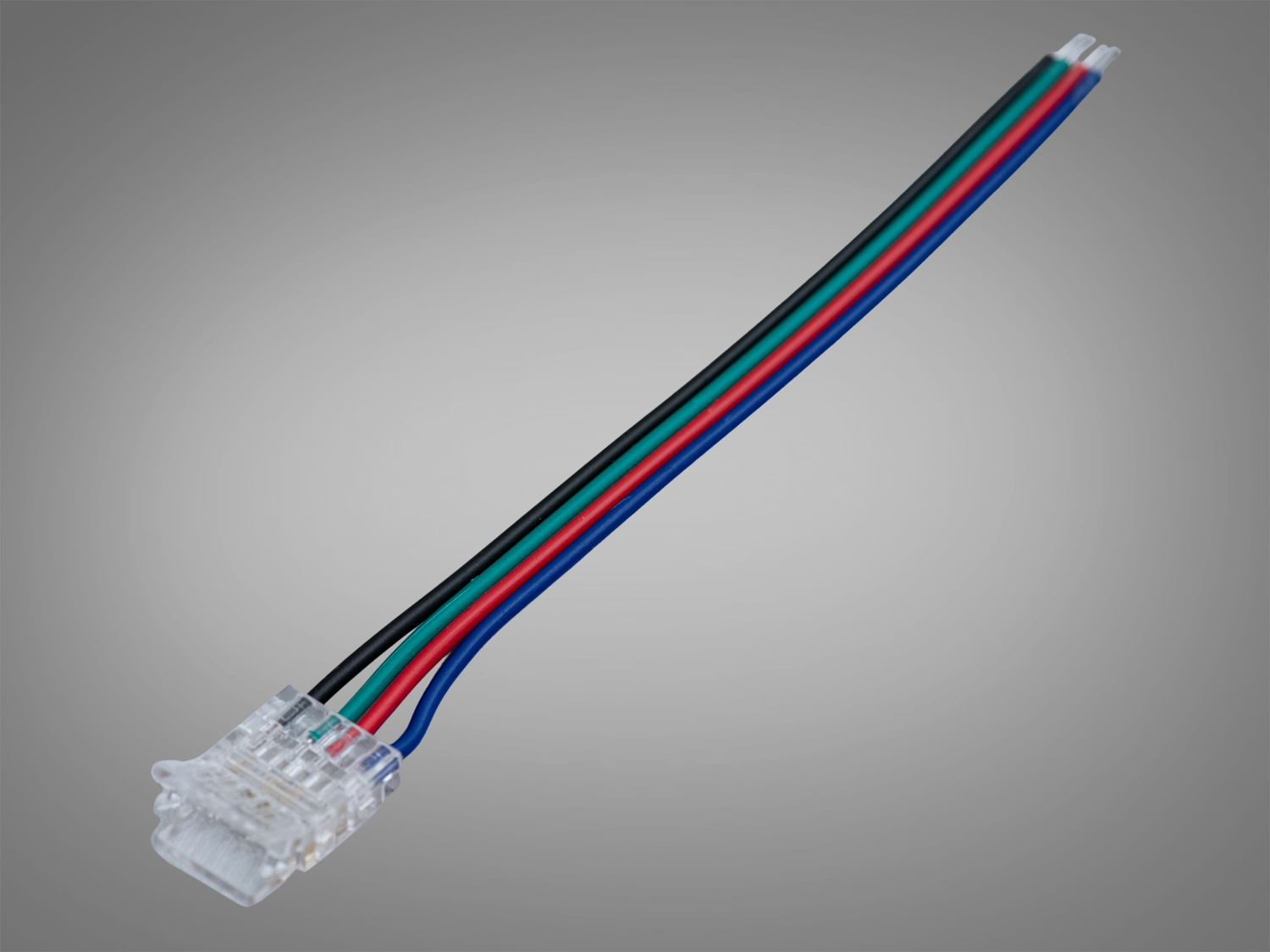 Прозорий односторонній конектор для RGB LED стрічки 10 мм, 4-pin, із кабелем 110 мм. Швидкий монтаж без пайки та акуратний безшовний стик.