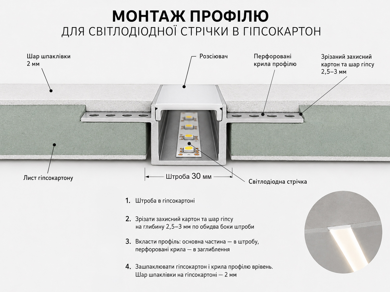 Профіль LED врізний під штукатурку 1 м 62x14 мм (ціна за 1 метр)