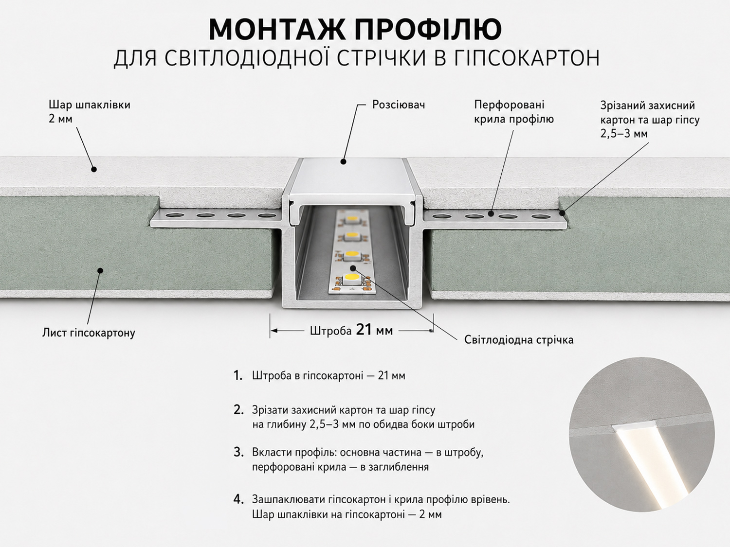 Гнучкий профіль для LED стрічки, ппд штукатурку (ціна за 3 метри)