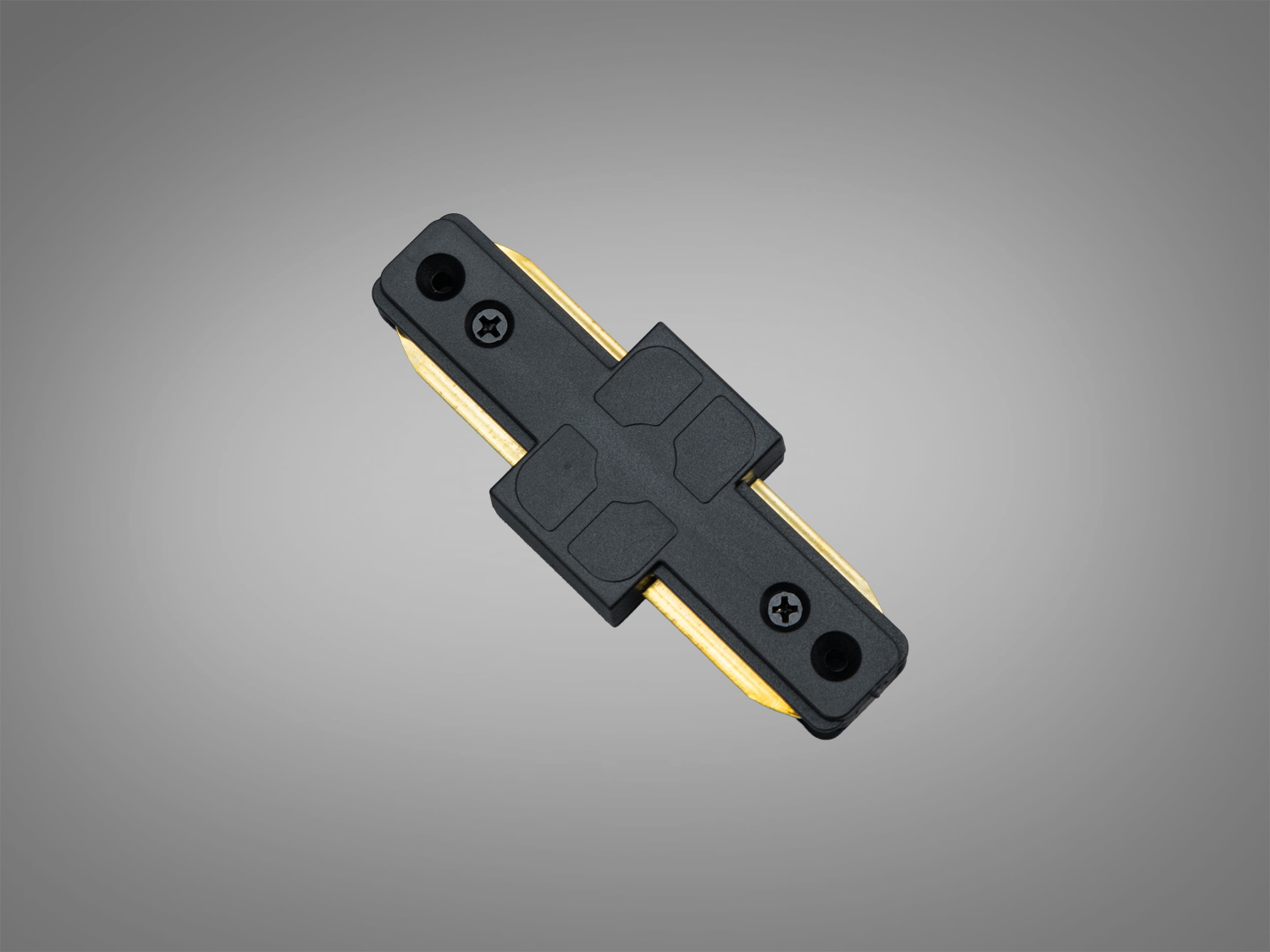 Чорний з′єднувач для трекового освітлення з хрестоподібним дизайном, кріплення на два гвинти, сумісний з різними типами треків.