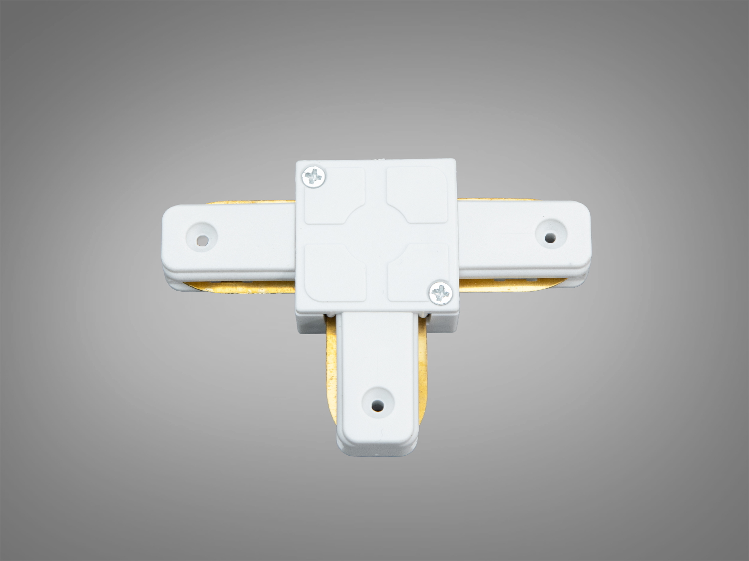 Задня частина білого трекового з′єднувача у формі Т, з видимими кріпильними гвинтами для надійного монтажу.