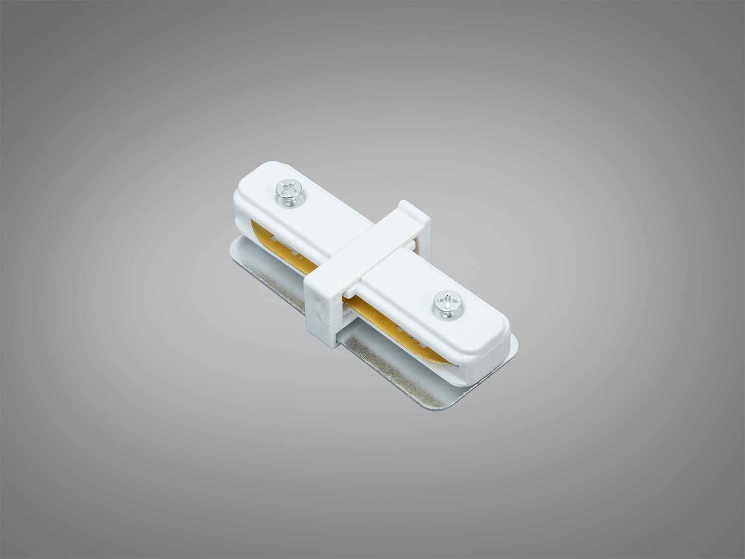 Білий прямокутний з′єднувач з металевими гвинтами, призначений для монтажу освітлювальних систем у сучасних інтер′єрах.