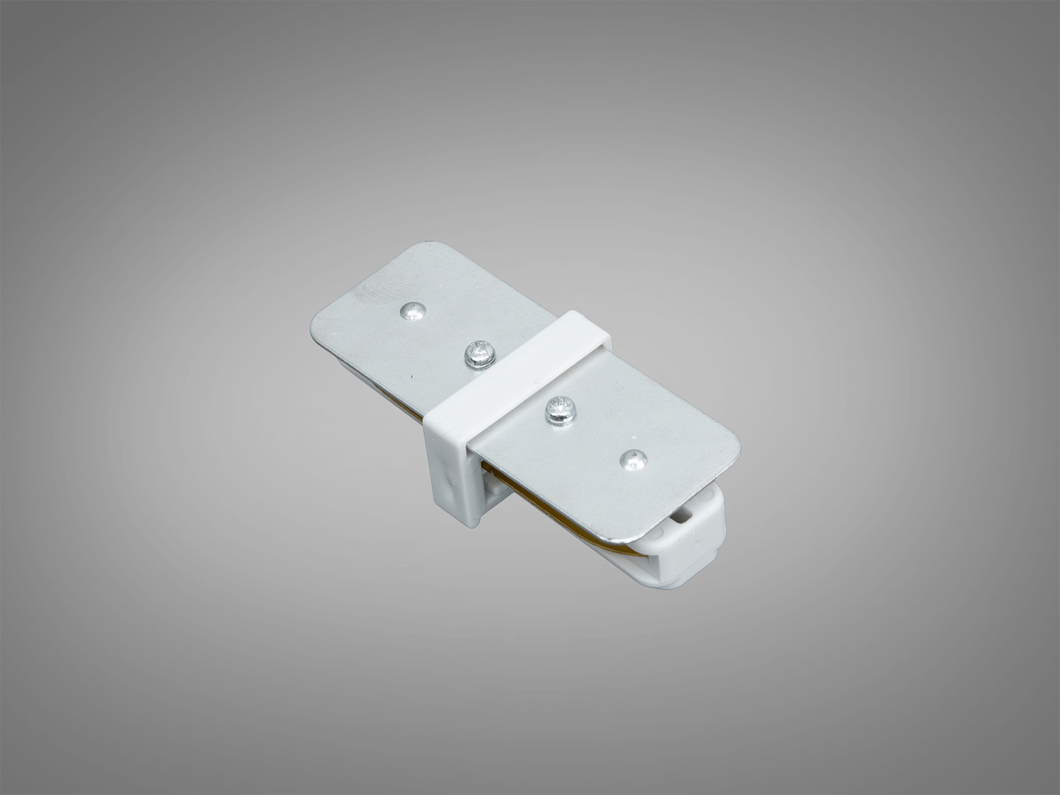 Металевий з′єднувач з білим корпусом і двома гвинтами, підходить для інтеграції в освітлювальні конструкції будь-якого типу.