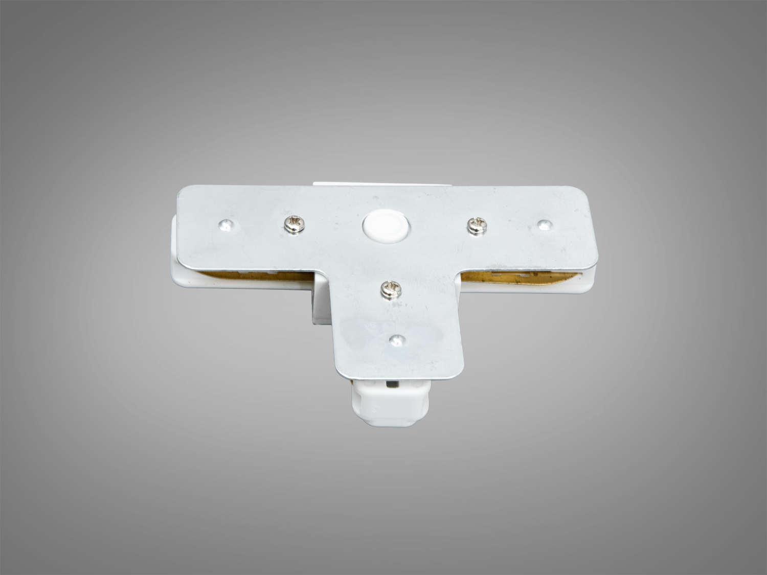 Металевий Т-подібний з′єднувач для трекових світильників, оснащений гвинтами для фіксації, підходить для монтажу в різних інтер′єрах.