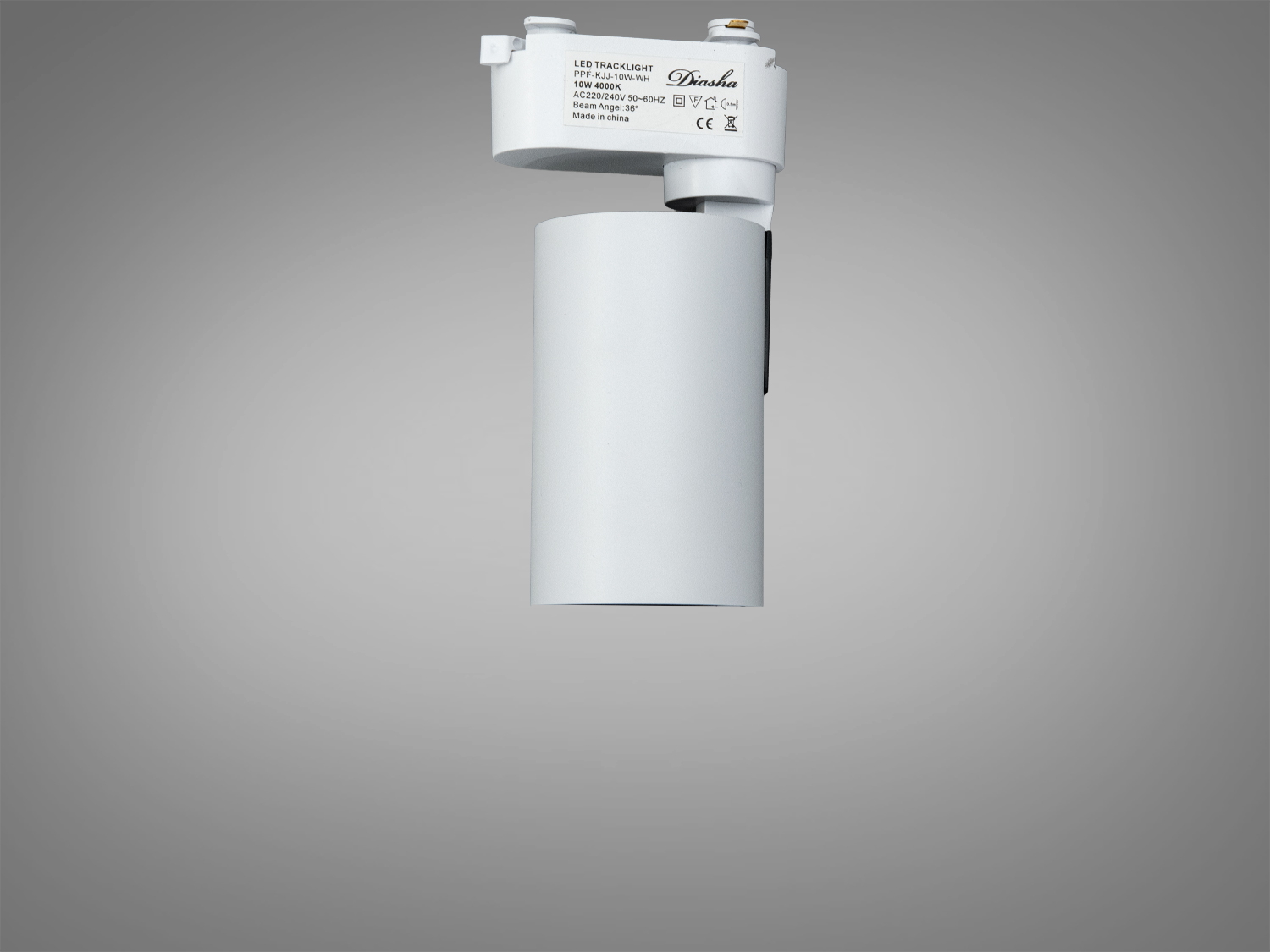 Циліндричний трековий світильник з білим корпусом, призначений для монтажу на стелю. Підходить для галерей і виставкових залів.