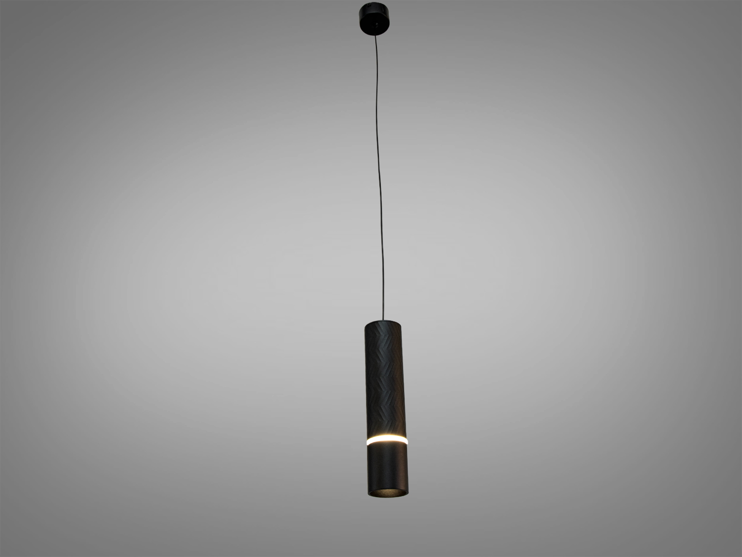 Підвісний світильник циліндричної форми з чорного металу, підвішений на довгому дроті, підходить для сучасного інтер′єру.
