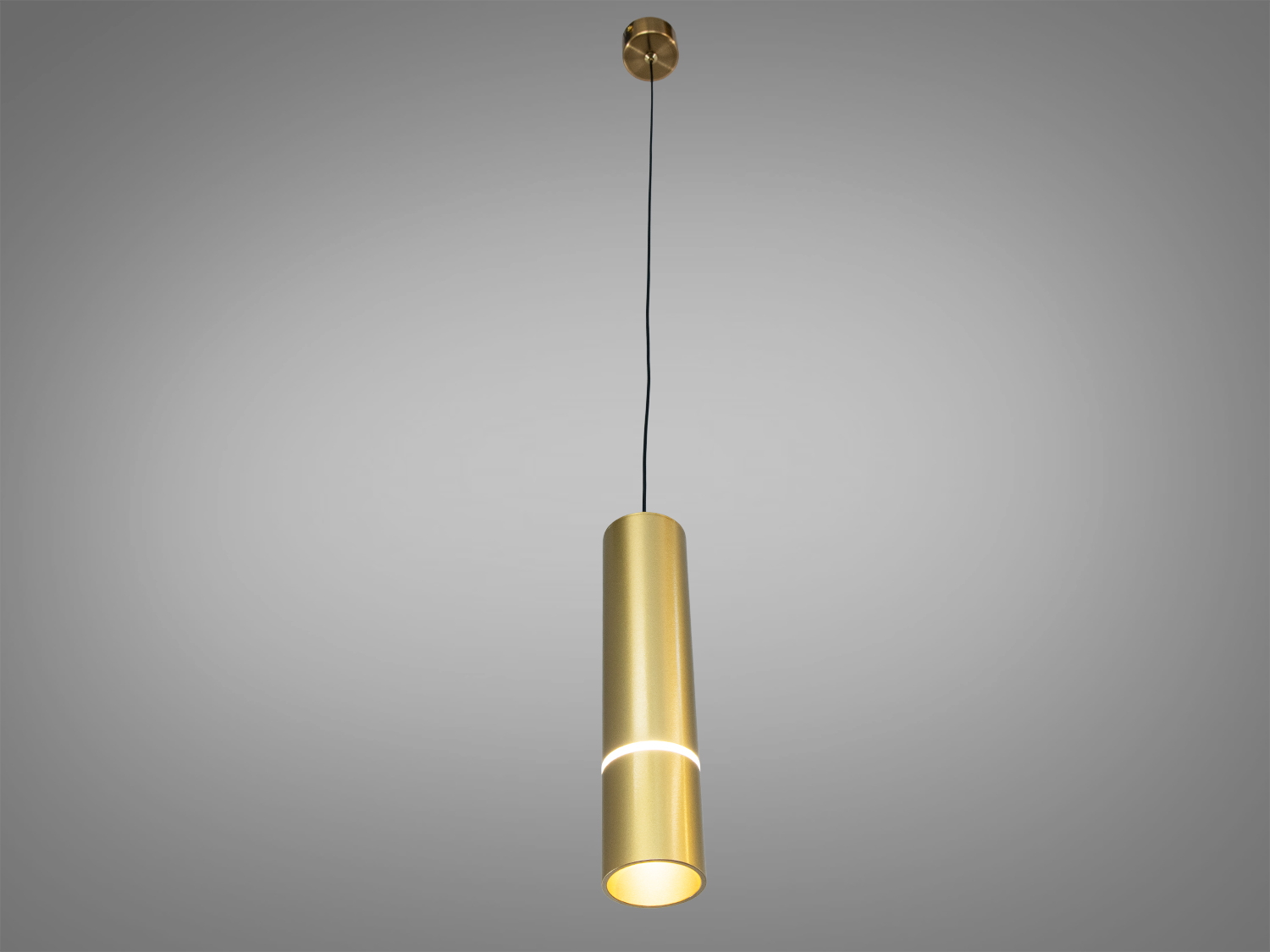 Підвісний світильник циліндричної форми з металу, золотистий колір. Підходить для сучасного інтер′єру, має регульовану висоту.