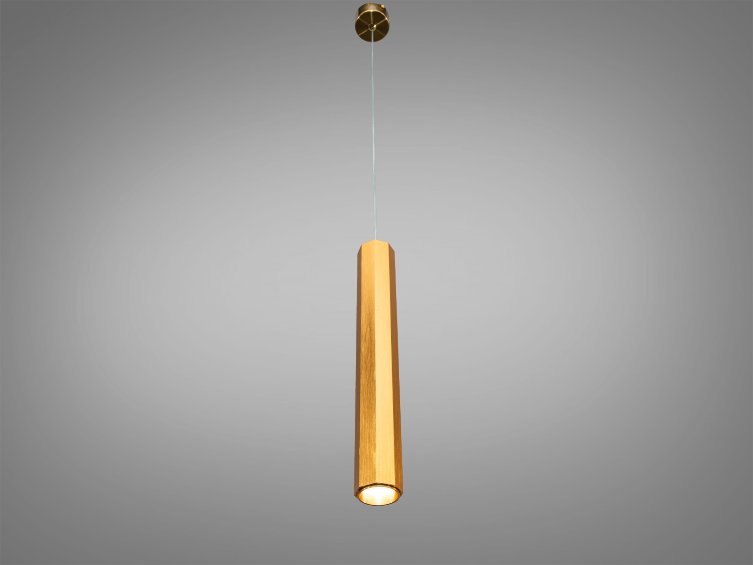 Підвісний світильник циліндричної форми з металу, підходить для сучасного інтер′єру. Монтаж на стелю, тепле біле світло.