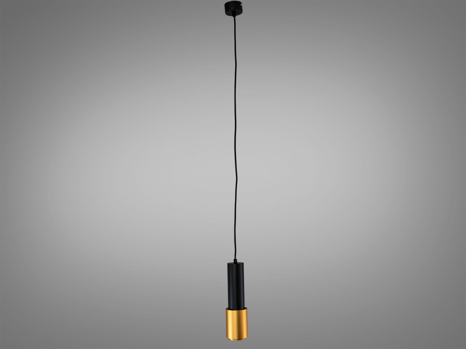 Підвісний світильник з регульованою висотою, циліндричної форми, чорний і золотистий кольори, підходить для вітальні.
