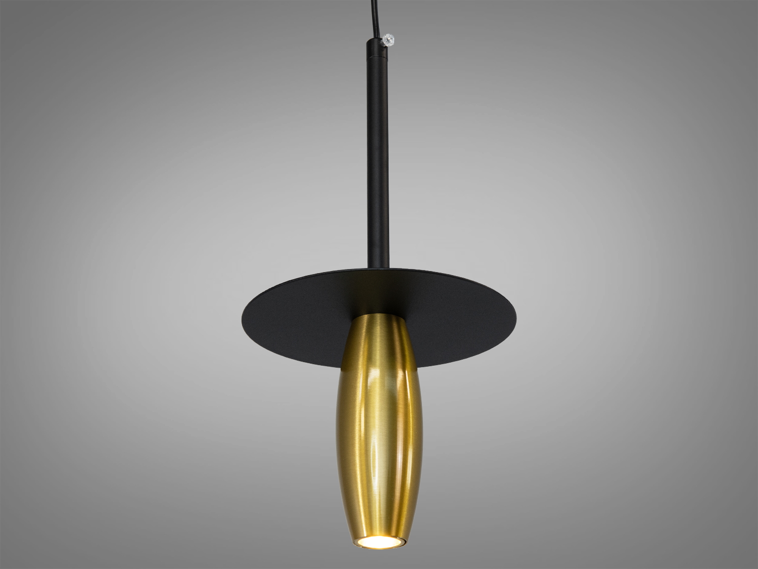 Підвісний світильник з чорним круглим абажуром і золотистим корпусом. Підходить для сучасного інтер′єру, створює спрямоване освітлення.