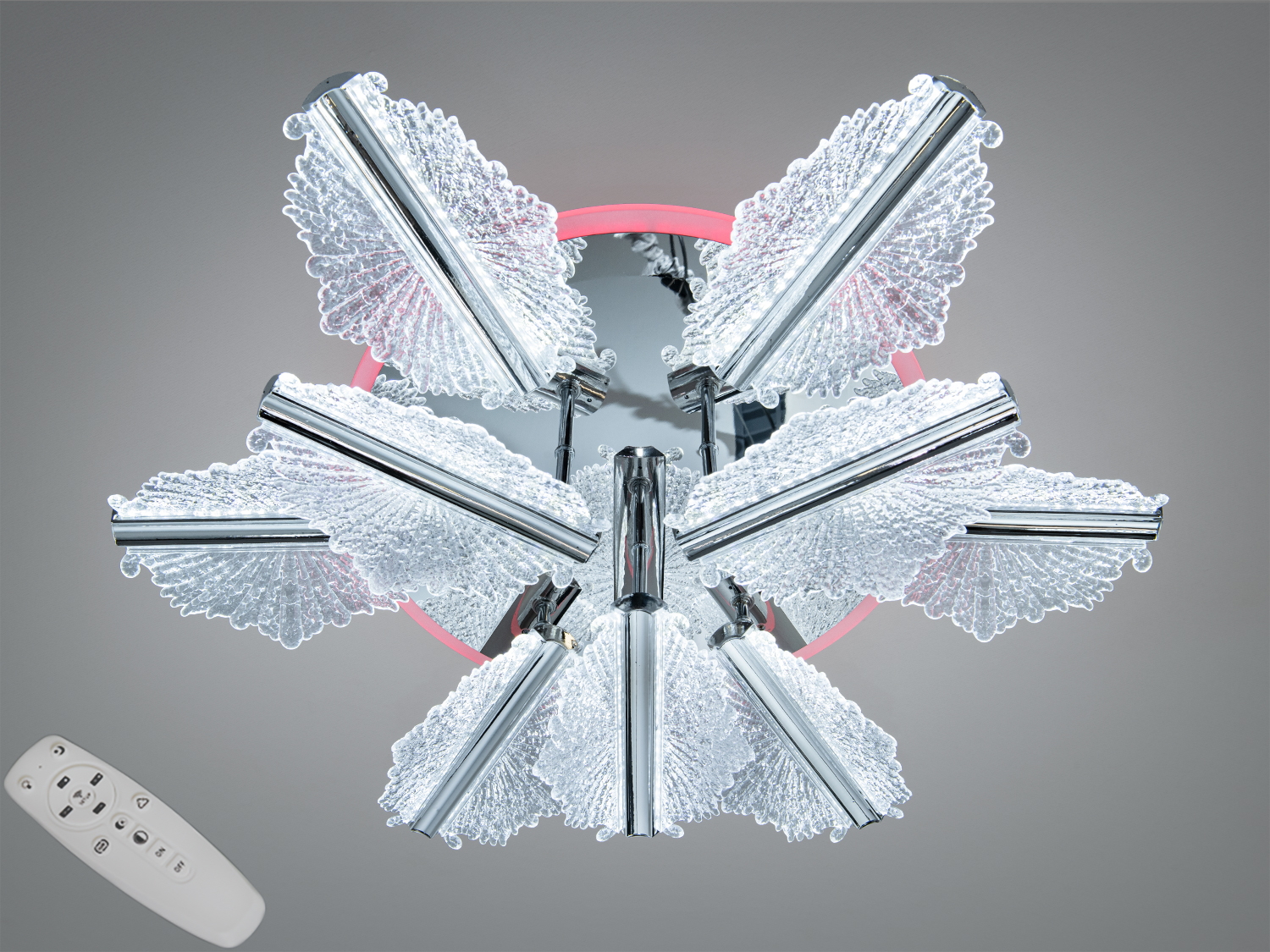 Стельовий світильник з пультом, що має форму квітки. Використовуються прозорі акрилові елементи для створення сучасного інтер′єру.