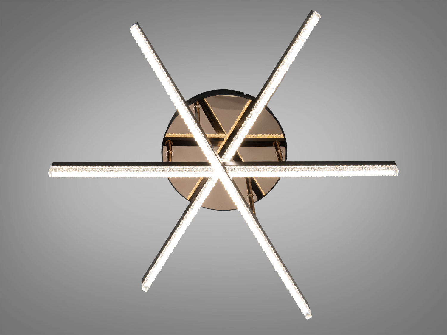 Світильник з шістьма радіальними лініями, кругла основа, акрилові вставки, холодне світло, підходить для офісних приміщень.