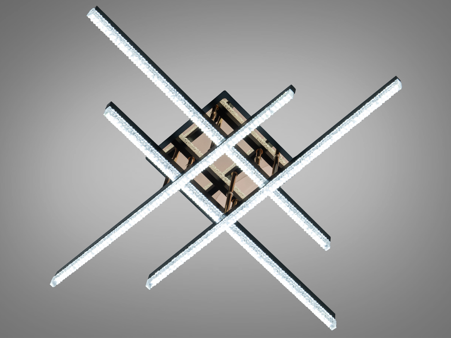 Чорна світлодіодна люстра 60 Вт для кімнат до 10 м². Перехресні LED планки, акриловий розсіювач, стельовий монтаж, без пульта.