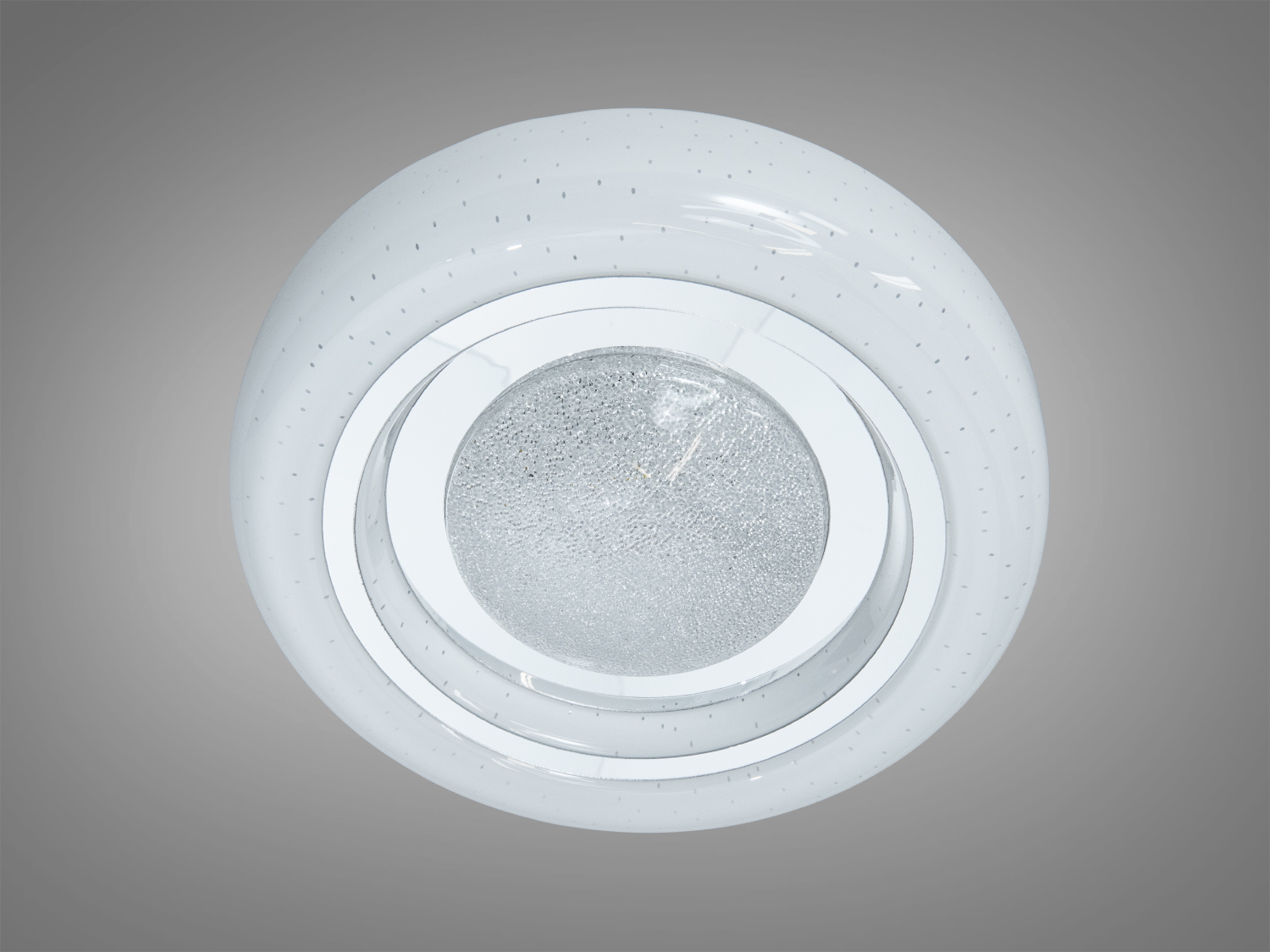 Кругла стельова лампа з білим корпусом і текстурованим скляним центром, підходить для сучасного інтер′єру.