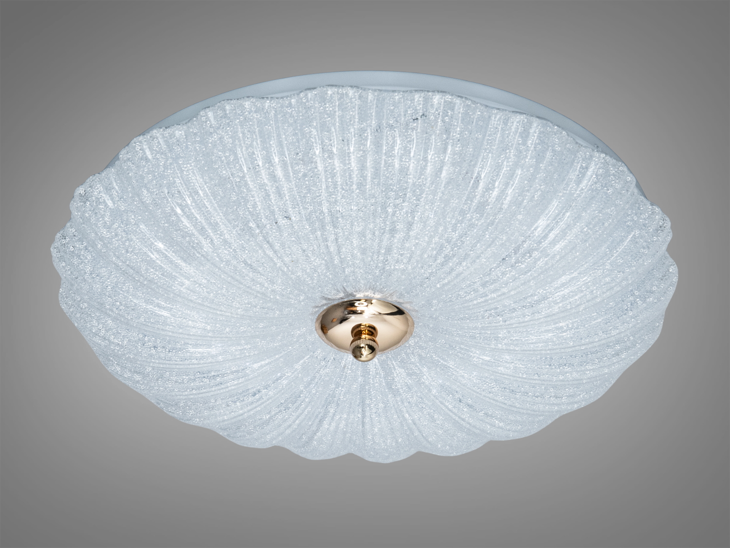 Круглий світильник з текстурованого скла з ефектом льоду, оснащений металевою центральною частиною. Ідеальний для спальні або кабінету.