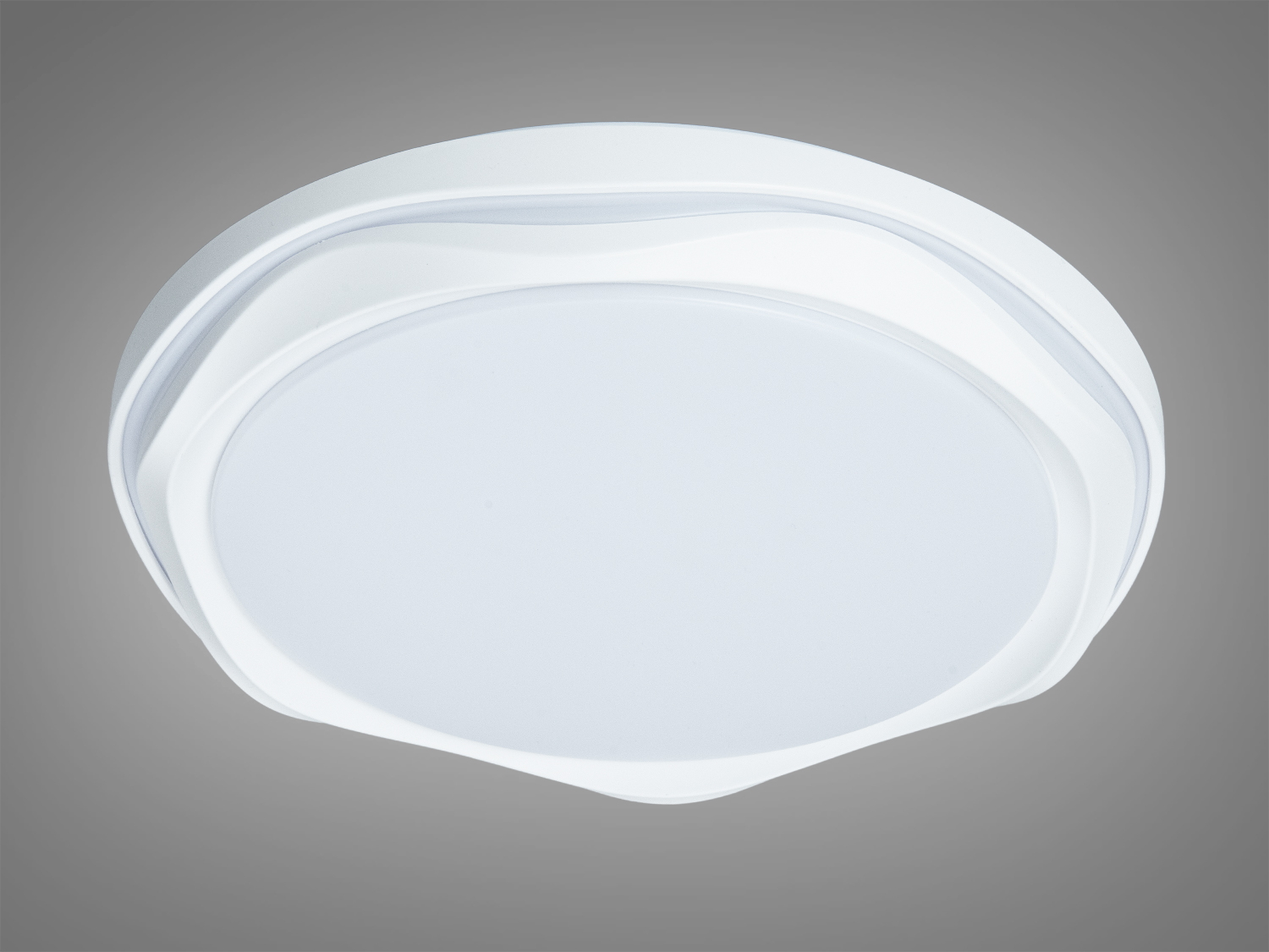 Білий стельовий світильник з хвилястим краєм, підходить для сучасного інтер′єру. Використовується для загального освітлення кімнати.