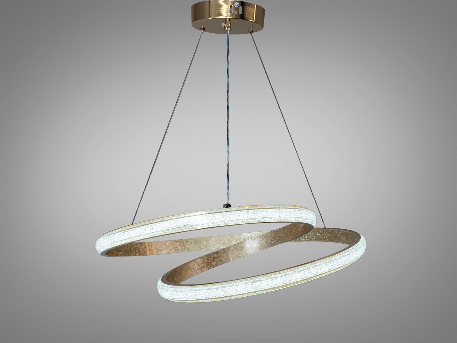 Підвісна LED-люстра Diasha, золото, 65 Вт, 3575 лм. Подвійні кільця, акрилові розсіювачі, 3 режими 3200K/4100K/6500K, керування вимикачем, регульована висота. Для кімнат до ~11 м².